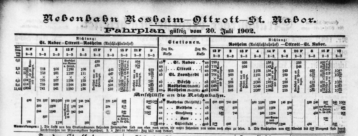 Horaires de la ligne Rosheim - St-Nabor publiés dans l'édition allemande des DNA à l'occasion de la mise en service de la ligne en 1902, Microfilm conservé à la BNU.